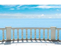 Scenolia Tapisserie Toile Textile Balcon Sur La Mer 3 x 2,70m - Décoration Murale Effet Trompe lâOeil - Revêtement Panoramique Océan et Horizon - Pose Facile et Qualité HD