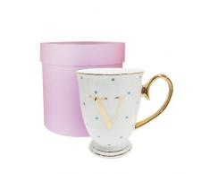 Bombay Duck â Tasse 13Â x 13Â x 12Â cm avec Lettre de lâAlphabetÂ Effet mÃ©tallisÃ© et Pois Lilas, Porcelaine, Blanc, 13x13x12 cm