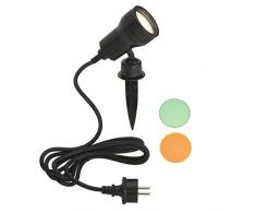 Lampe dextérieur, lampe de jardin, lampadaire, 1 x LED GU10 3 W 250LM, avec tête de filtres couleur orange, vert, piquet inclus et support mural, pivotant et rotatif, avec fiche alimentationâ¯: 2,0 m, IP44, noir