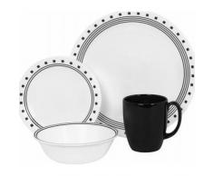 Corelle Service de Vaisselle 16 piÃ¨ces en Verre Vitrelle Motif City Block Service de Table pour 4 Personnes Noir