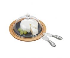 Relaxdays 10027484 Plateau, cloche Ã fromage, ardoise, couteau, fourchette, bambou, acier, nature, acrylique, One size