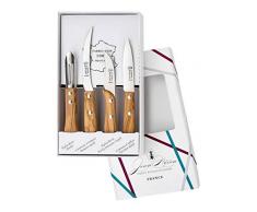 Le coffret blanc de 4 utilitaires de cuisine la fourmi manche en olivier: 1 couteau a tomate, un eplucheur, une epluchette, un couteau doffice lame 9 cm