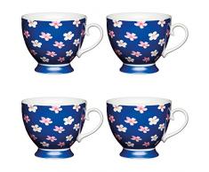 Kitchen Craft Lot de 4 Grandes Tasses Ã Fleurs imprimÃ©es sur Pied en Porcelaine Bleu 400 ML, Porcelaine, Bleu, 400 ML, Set of 4