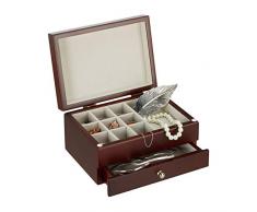 Relaxdays Boîte à bijoux petite en bois avec miroir coffre bague boucle dâoreilles HxlxP: 10 x 18,5 x 13 cm, marron