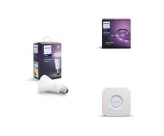 Philips Hue pack de découverte: Ruban lumineux Lightstrip Plus 2m + 1 ampoule connectée White & Color E27 + 1 pont de connexion Hue - Fonctionne avec Alexa