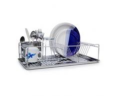 Relaxdays Ãgouttoir à Vaisselle en acier inoxydable chromé avec bac de récupération deau et porte couverts 33 x 48 x 12 cm panier à couverts place pour assiette tasse bol métal brillant, argenté