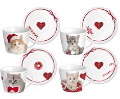 Home Chats Service Tasses à Thé, avec Assiettes, Porcelaine, Blanc, 4 Pièces