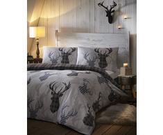 Cerf Tartan Carreaux Gris Argent Animal Parure De Lit avec Housse De Couette De Cerf, Noir, King