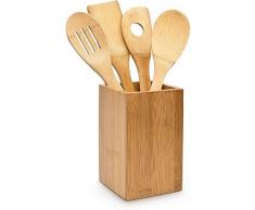 Relaxdays Accessoires de cuisine Set de 4 ustensiles de cuisine lot de piÃ¨ces cuillÃ¨res en bois de bambou cuillÃ¨re Spatule avec un support carrÃ© RÃ©ceptable, nature