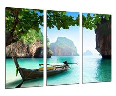 Tableau Moderne Photographique, Impression sur bois, Bateau de paysage sur la plage, paradis tropical, 97 x 62 cm, ref. 26370