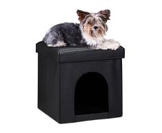 Relaxdays 10019046 Maison pour petits chiens et chats pliable pliante banc en similicuir confortable Tabouret abri panier malle cube niche HxlxP : 38 x 38 x 38 cm repose-pieds couvercle amovible, noir
