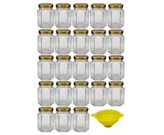 Viva haushaltswaren lot de 18 petits pots à confiture avec couvercles dorés 110 ml couvercle de remplissage sel, épices, etc, avec entonnoir jaune avec système de blocage