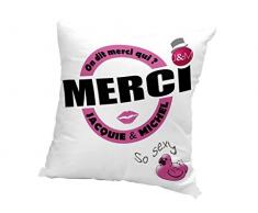 JACQUIE & MICHEL 546538 Housse de coussin Motif On dit merci qui? Polyester Blanc 60 x 60 cm