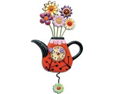 Allen Designs P9014 Horloge Théière Rouge avec Fleurs Résine 42 cm