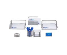 Relaxdays Set 7 fournitures de bureau pot punaises pot crayon bloc notes cartes visite courrier mÃ©tal surfaces, argentÃ©