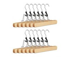 Relaxdays Cintre pince à pantalons en bois lot de 12 pince pour jupe pantalon feutre HxlxP: 17 x 25 x 2,3 cm, nature