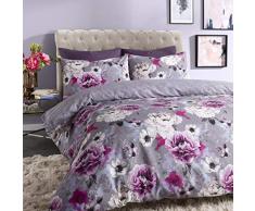 Sleepdown Housse de Couette réversible, Motif Fleuri, Bleu, Coton Polyester, Gris, Double