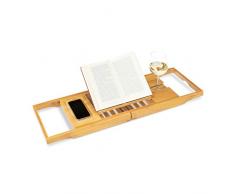 Relaxdays Pont de baignoire extensible en bambou tablette de bain porte-verre plateau réglable porte-livre, nature