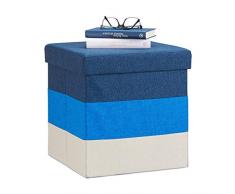 Relaxdays Tabouret cube carrÃ© pliant coffre de rangement pliable pouf rayÃ© tricolore HxlxP: 38 x 38 x 38 cm, bleu-blanc