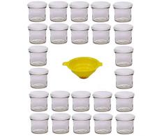 Viva Haushaltswaren Lot de 24 Petits Pots à Confiture/épices/sel/Huile avec Couvercle Blanc 125 ML + Entonnoir Jaune