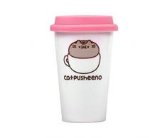Pusheen PUSHTRVLMCATP Mug de Voyage, CÃ©ramique, Blanc/Rose, 15 x 9,5 x 9,5 cm