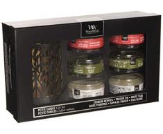 WoodWick Coffret de bougies parfumÃ©es ForÃªt, 6 petites bougies avec mÃ¨ches qui crÃ©pitent et 1 Photophore Ã chevrons