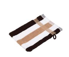 Gözze, lot de 4 gants de toilette rayés blanc, marron et moka, 17x24 cm , 100% coton, excellente qualité 550 g/m², moelleux et utra doux Standard 100