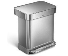 simplehuman, poubelle rectangulaire à pédale, avec réserve à sacs, acier inoxydable brossé, 30 litres