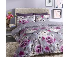 Sleepdown Housse de Couette réversible, Motif Fleuri, Bleu, Coton Polyester, Gris, King