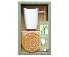 laroom 13852 â Set Cadeau Bureau Tasse de Porcelaine avec Anse et Dessous de Bambou, Blanc, Marron