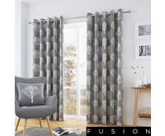 Fusion Paire de Rideaux Ã Åillets Arbres, Coton, Charbon, 90 x 90 (229 x 229 cm)