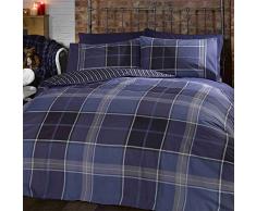 Just Contempo Parure de lit Moderne avec Housse de Couette réversible à imprimé Rayures et Carreaux Style Tartan, Mélange de Coton, Bleu (Blanc/Vert), Housse de Couette Simple (Chambre dadolescent)