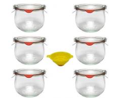 Viva Haushaltswaren G4030500 Lot de 6 bocaux à Bord Arrondi en Forme de Tulipe 500 ML avec Pinces, Anneaux et Entonnoir Jaune avec système de Blocage