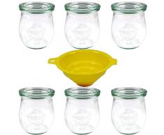 Viva Haushaltswaren G4030220/6T/X Lot de 6 Petits bocaux à Bord Arrondi en Forme de Tulipe 220 ML + Entonnoir Jaune avec système de Blocage