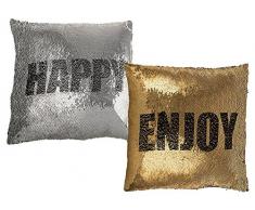 OOTB Coussin argentÃ©/dorÃ© avec Paillettes, Enjoy & Happy, Polyester, dorÃ©, 40 x 40 x 8 cm