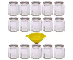 Viva Haushaltswaren Lot de 15 Petits Pots à Confiture/épices/sel/Huile avec Couvercle Argenté 196 ML + Entonnoir Jaune