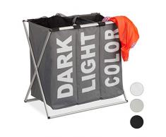 Relaxdays Panier 3 Compartiments 90 litres Corbeille bac Sac a Linge Cadre Pliable Pliant, Gris foncé, Polyester, 58 x 61,5 x 37 cm