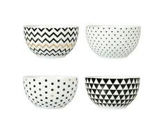 Ostaria Nina Jeu de Quatre Bols, Porcelaine, Blanc, Noir et Or, 9Â x 9Â x 5.5Â cm, Lot de 4