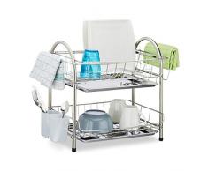 Relaxdays 10020389 Egouttoir à vaisselle 2 étages porte couvert inox grille assiette HxlxP: 39,5 x 60 x 22 cm, argenté