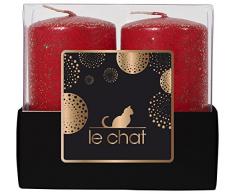 Le Chat 1208861 Le 01208861 Barquette de 2 Bougies Tête Plate Moyen Modèle colorées Rouge pailleté, Paraffine, 10 x 5 x 9,5 cm