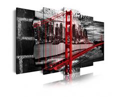 Dekoarte 278 - Tableau moderne sur toile montÃ© sur cadre en bois 5 piÃ¨ces XXL, San Francisco Golden Gate, 200x100cm