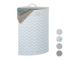 relaxdays 10028089_1172 Panier Ã Linge Triangle en Bambou, Corbeille Pliable 60 l, avec Couvercle, Sac,65,5x49,5x37cm Blanc/Bleu, Coton, Polyester, 5 x 49,5 x 37 cm
