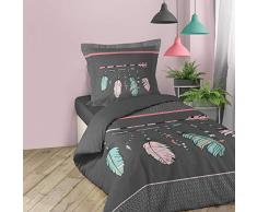 PARURE 2 P. 140 x 200 CM IMPRIME 42 FILS DESSIN PLACE ETE INDIEN ANTHRACITE