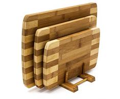 Relaxdays 10018877 Planches à découper Set de 3 pièces avec support en bois de Bambou naturel écologique rayé design moderne et pratique, nature