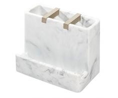 iDesign Rangement de Salle de Bain, Porte-Brosse Ã Dents en MÃ©tal et RÃ©sine avec 3 Compartiments et Espace de Stockage Devant, Joli Support Smartphone pour Lavabo, Blanc/Argent