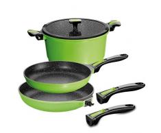 STONELINE 17510 Imagination Batterie de Cuisine avec tête démontable et Manche Amovible, Compatible Induction, Aluminium, Gris/Vert, 29.4 x 29.4 x 22.4 cm, 4 unités