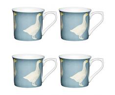 Kitchencraft Fine doie cannelÃ©e ImprimÃ© Bird Tasses, 300Â ML (Lot de 4), Porcelaine Anglaise, Bleu/Gris, 11.5Â x 8.5Â x 8Â cm