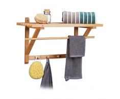 Relaxdays 10017155 Porte-Manteau Mural avec Étagère porte-serviettes salle de bain garde-robe avec surface de rangement couloir entrée en Bambou HxlxP : 35 x 60 x 30 cm en bois avec crochets, nature