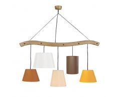 Tosel 20972 Lustre Poutre 5 Lumière, Bois Hêtre, Ciré, Abat-Jours Coton, E27, 40 W, Multicolore, 93 x 115 cm