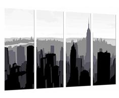 Tableau Moderne Photographique, Impression sur bois, Silhouette City Dessin Gratte-ciel Noir Gris Blanc, 131 x 62 cm, ref. 27091